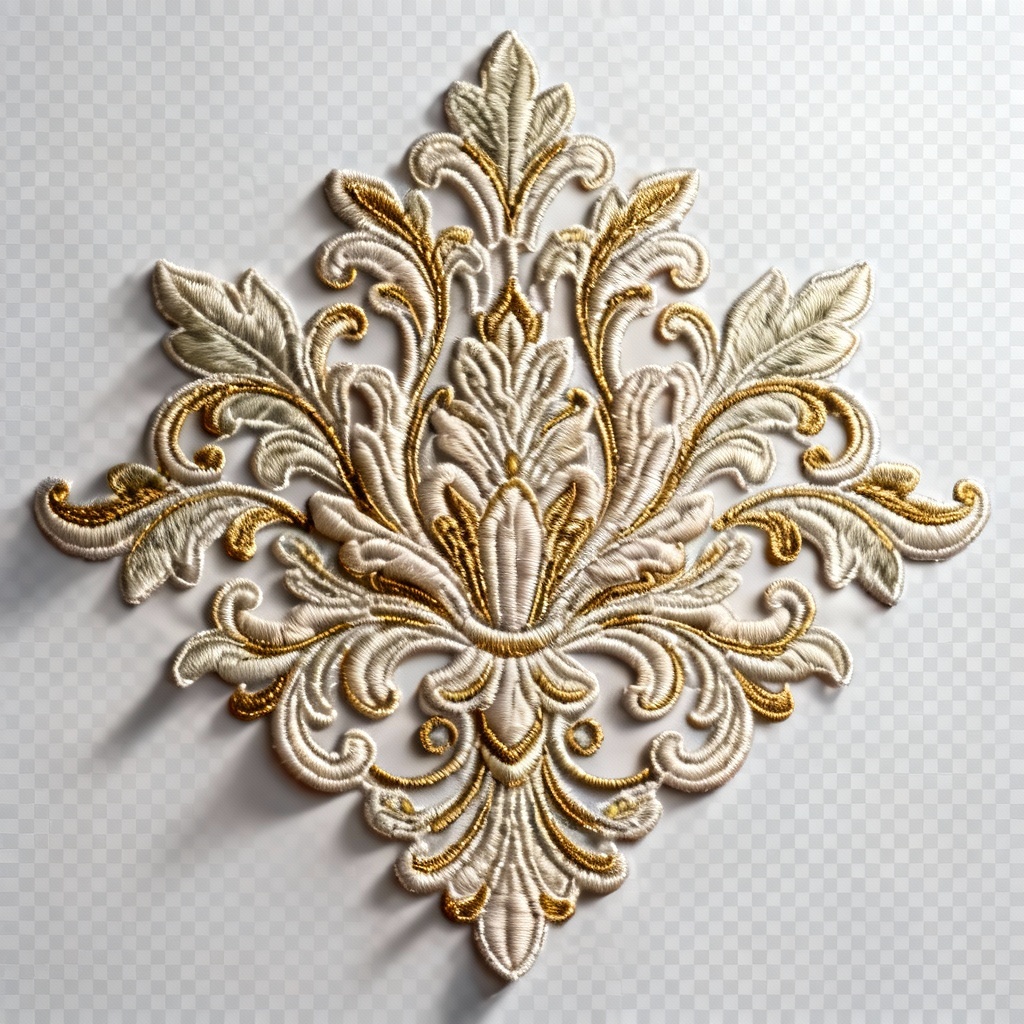 AI baroque lace applique with gold thread highlights