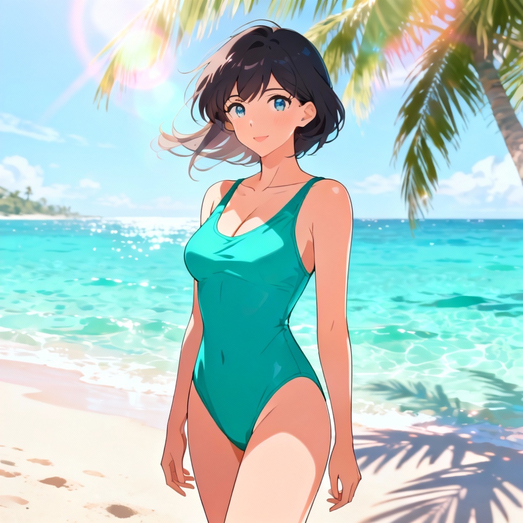 Anime waifu in tasteful swimsuit at a sunlit beach, smiling