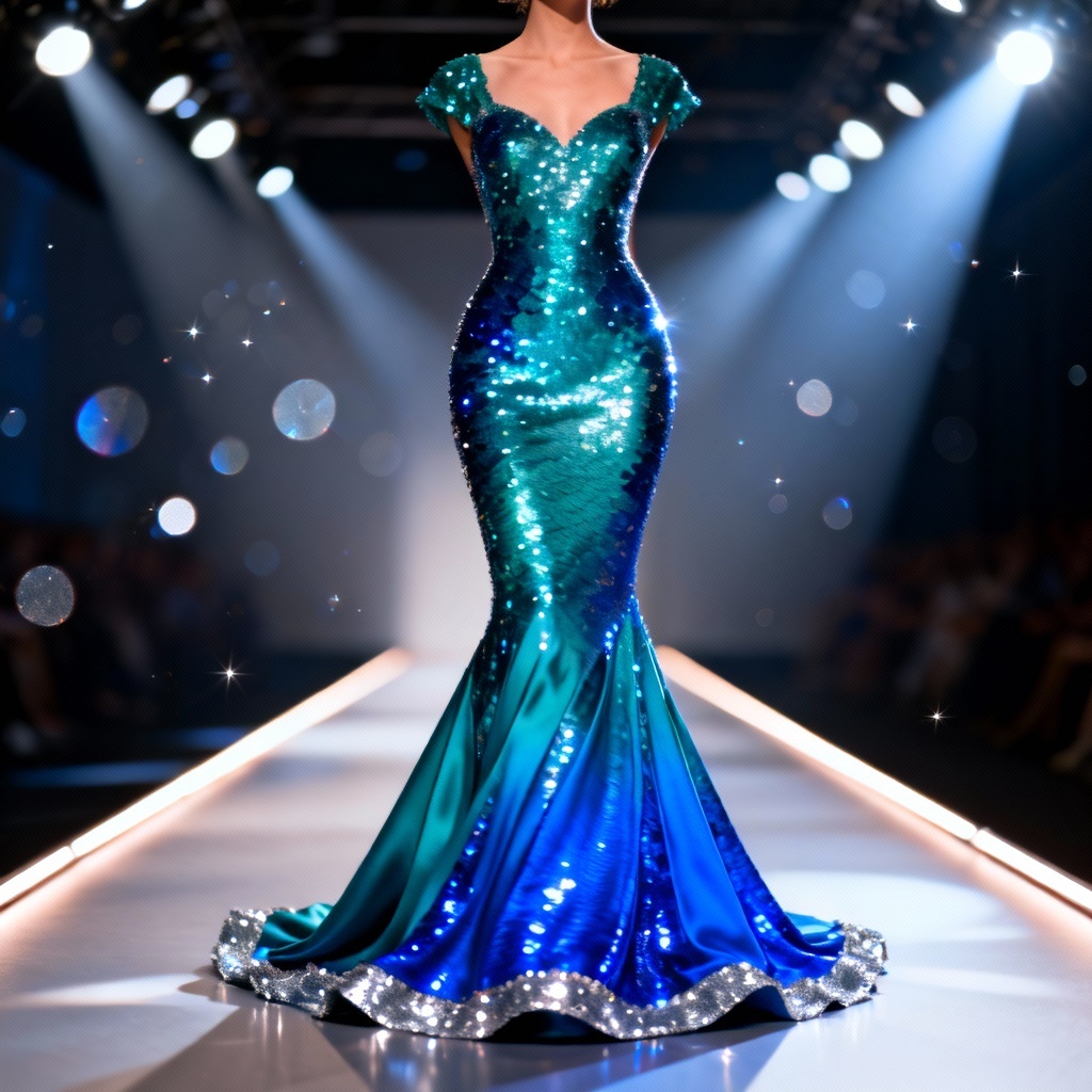 AI sequined mermaid gown render in teal gradient
