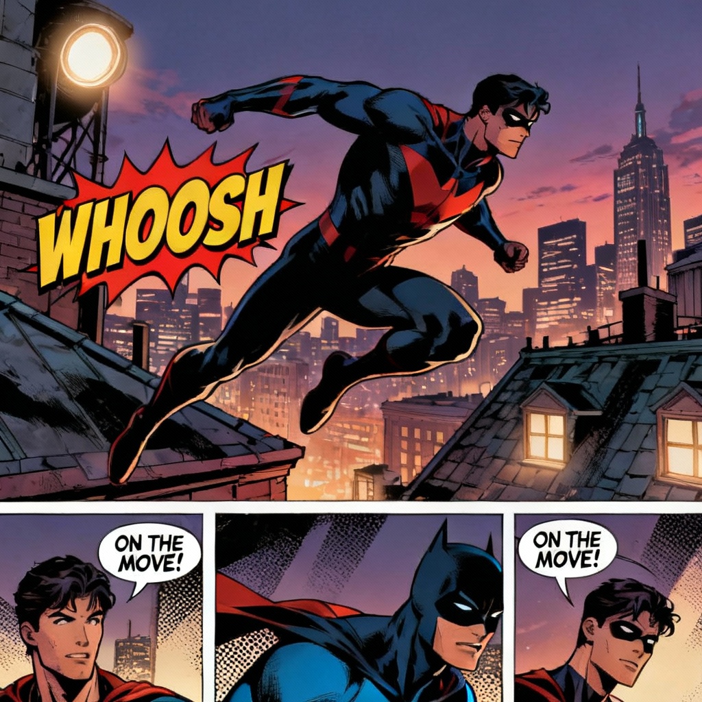 AI-generated comic panel with dynamic superhero action and speech bubbles