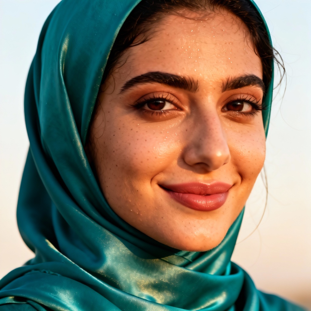 AI portrait of a Middle Eastern woman in a teal hijab under soft sunlight