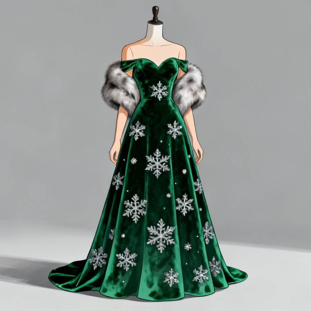 AI Christmas dress design emerald velvet snowflake gown with silver embroidery