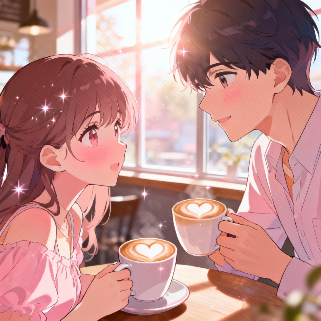 AI shojo anime couple in cozy café