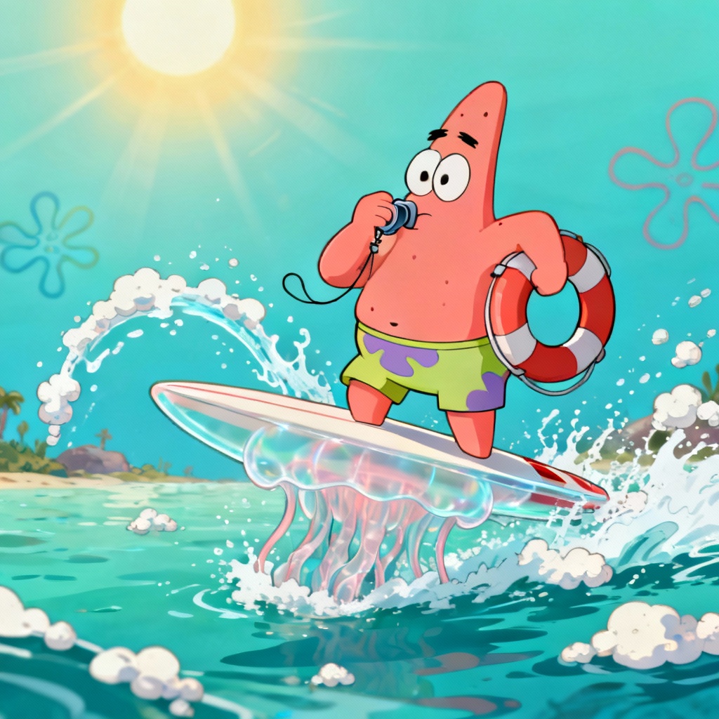 AI Bikini Bottom citizen lifeguard riding a jelly surfboard