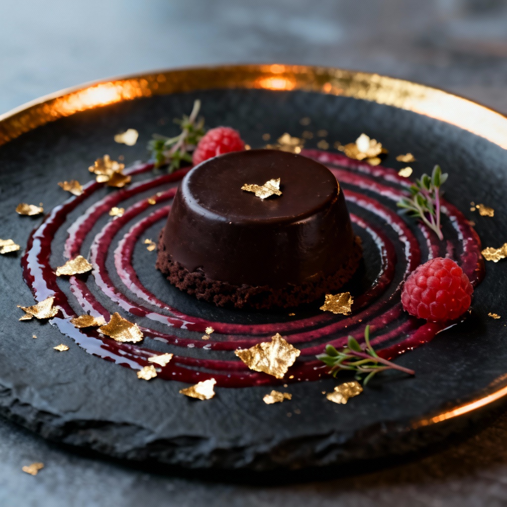 AI plated fine dining chocolate dessert with raspberry coulis