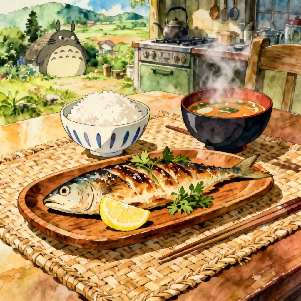 AI ghibli grilled fish supper in a rustic kitchen