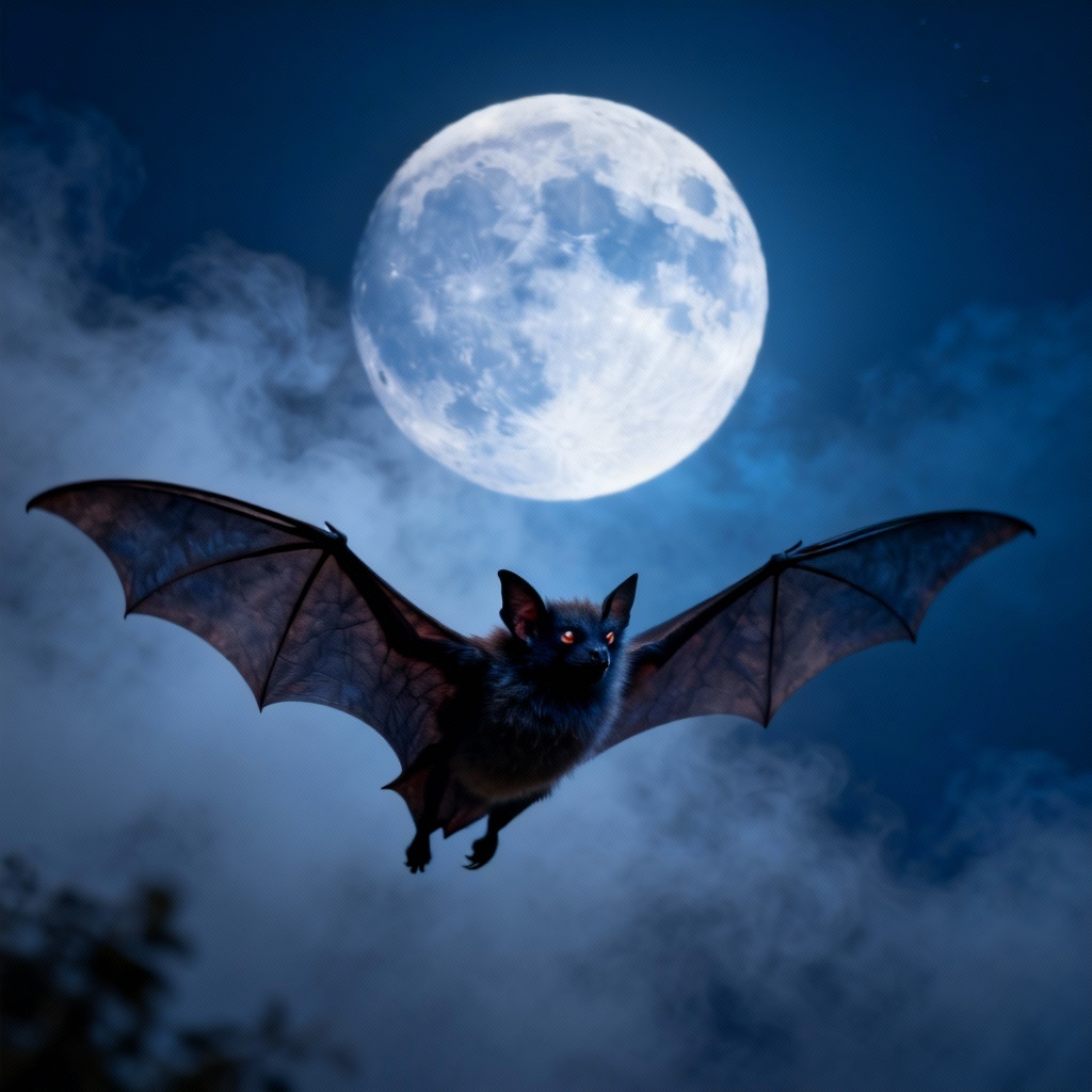 AI vampire bat flying under a moonlit sky