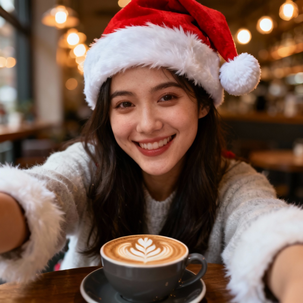 AI added Santa hat on coffee shop selfie