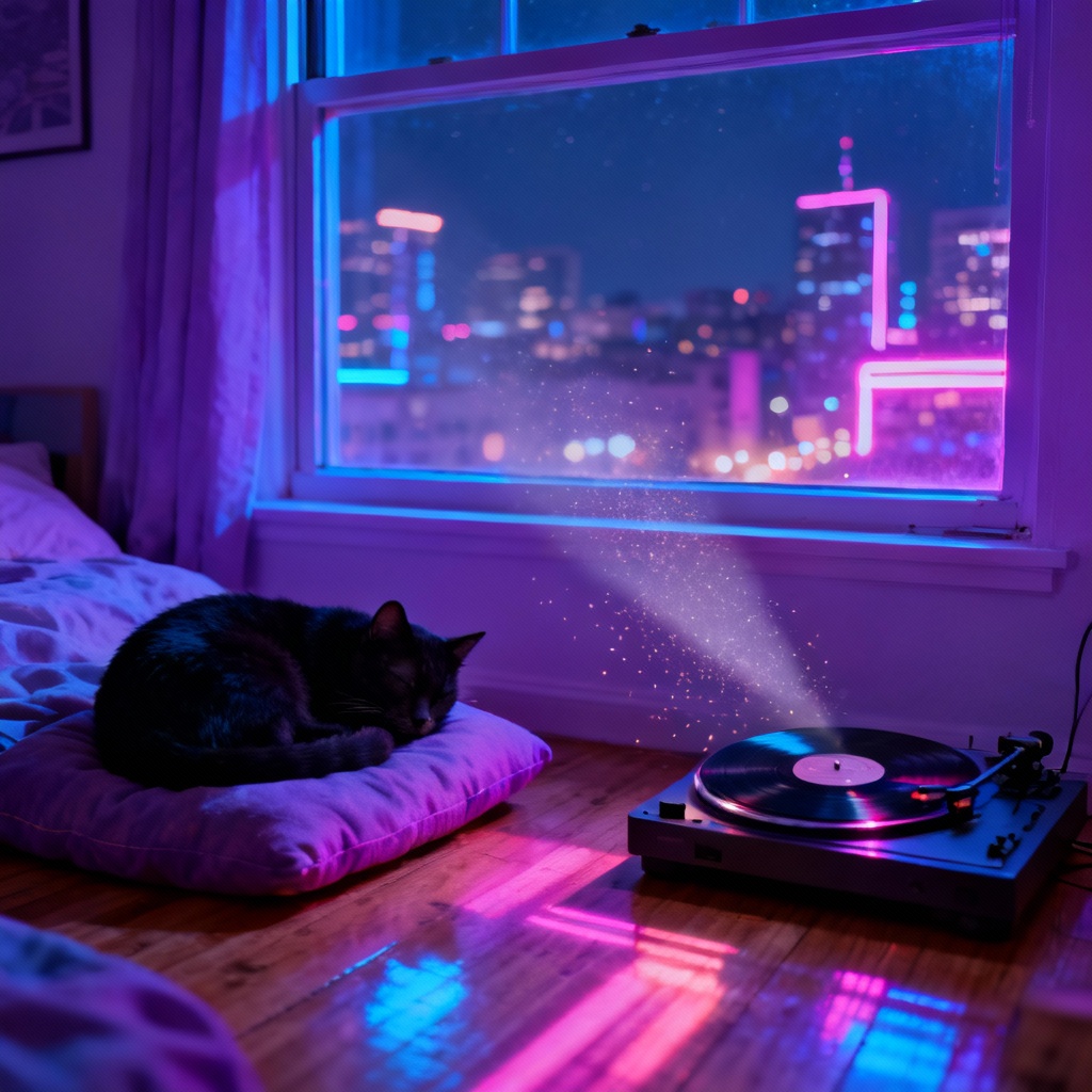 AI lofi neon city window with cat