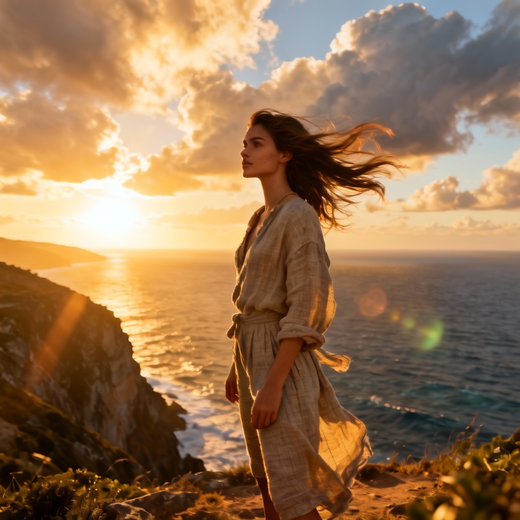 Travel virtual influencer on a cliff at sunset