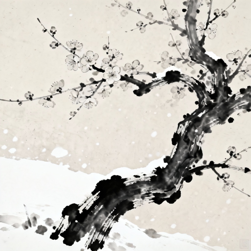 AI sumi-e plum blossom branch in winter