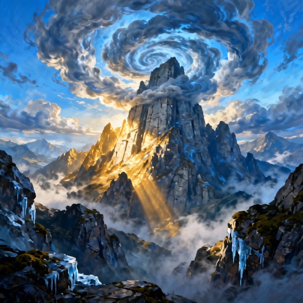 AI fantasy swirling clouds over mountain peaks