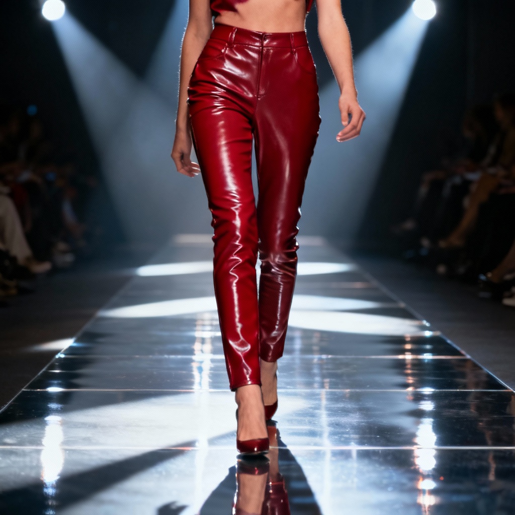 AI cherry red patent leather skinny pants on runway