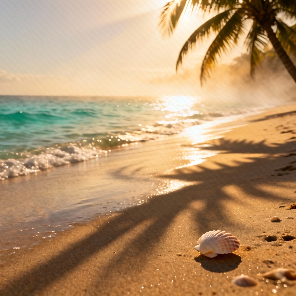 AI photorealistic sunrise beach with palm reflections