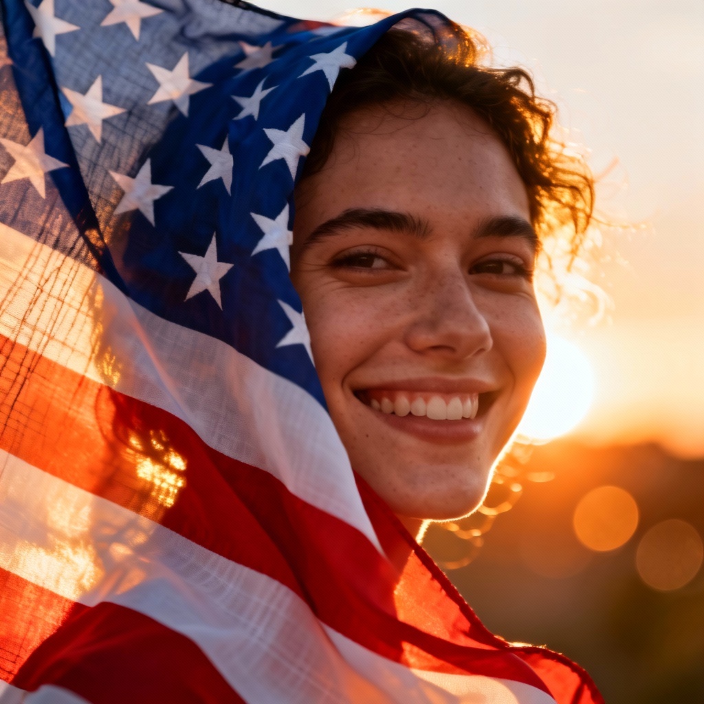 AI double exposure portrait with flag overlay
