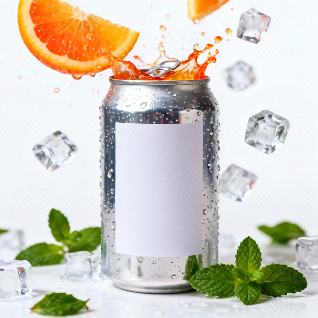 AI cold drink generator photorealistic soda can with citrus splash