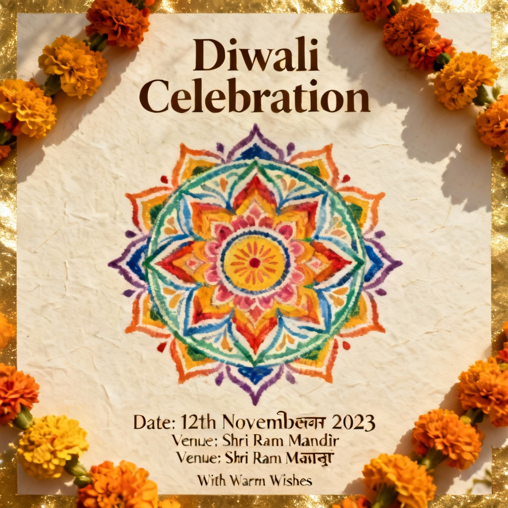 AI Diwali invitation with traditional rangoli and marigolds