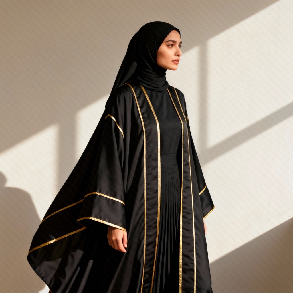 AI open abaya with gold trim layered styling