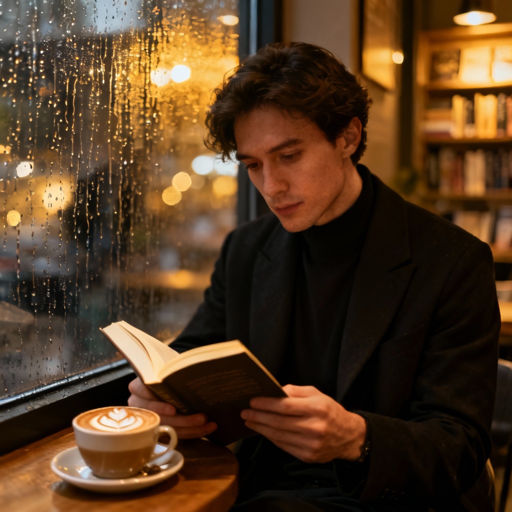 AI book café reading beauty aesthetic