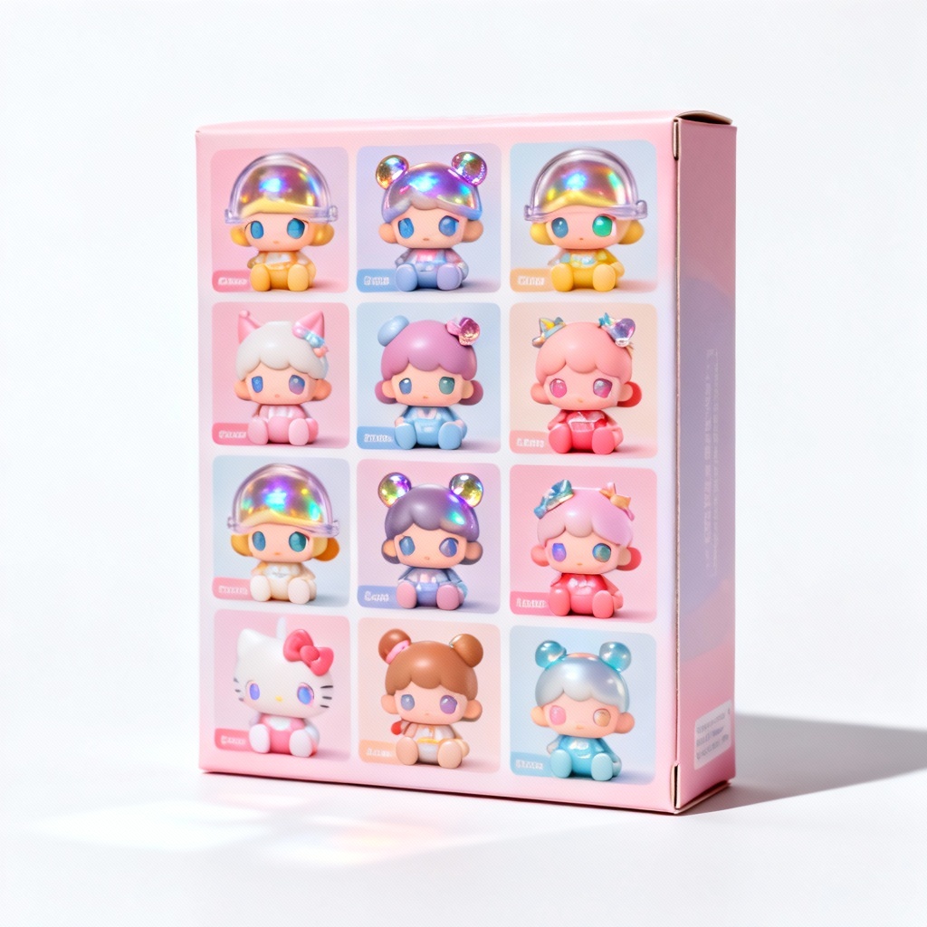 Kawaii capsule toy blind box lineup with pastel packaging