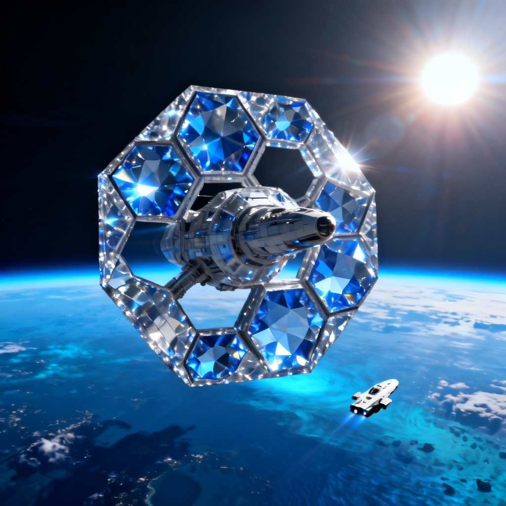 AI crystal-like space station orbiting a blue planet
