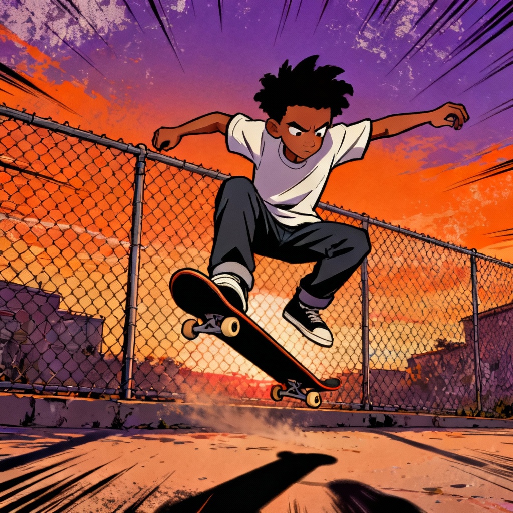 AI Boondocks-style skater at sunset in a park
