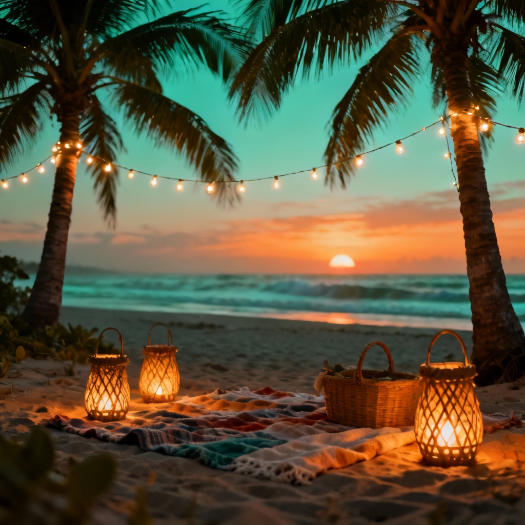 AI tropical holiday beach with sunset and string lights