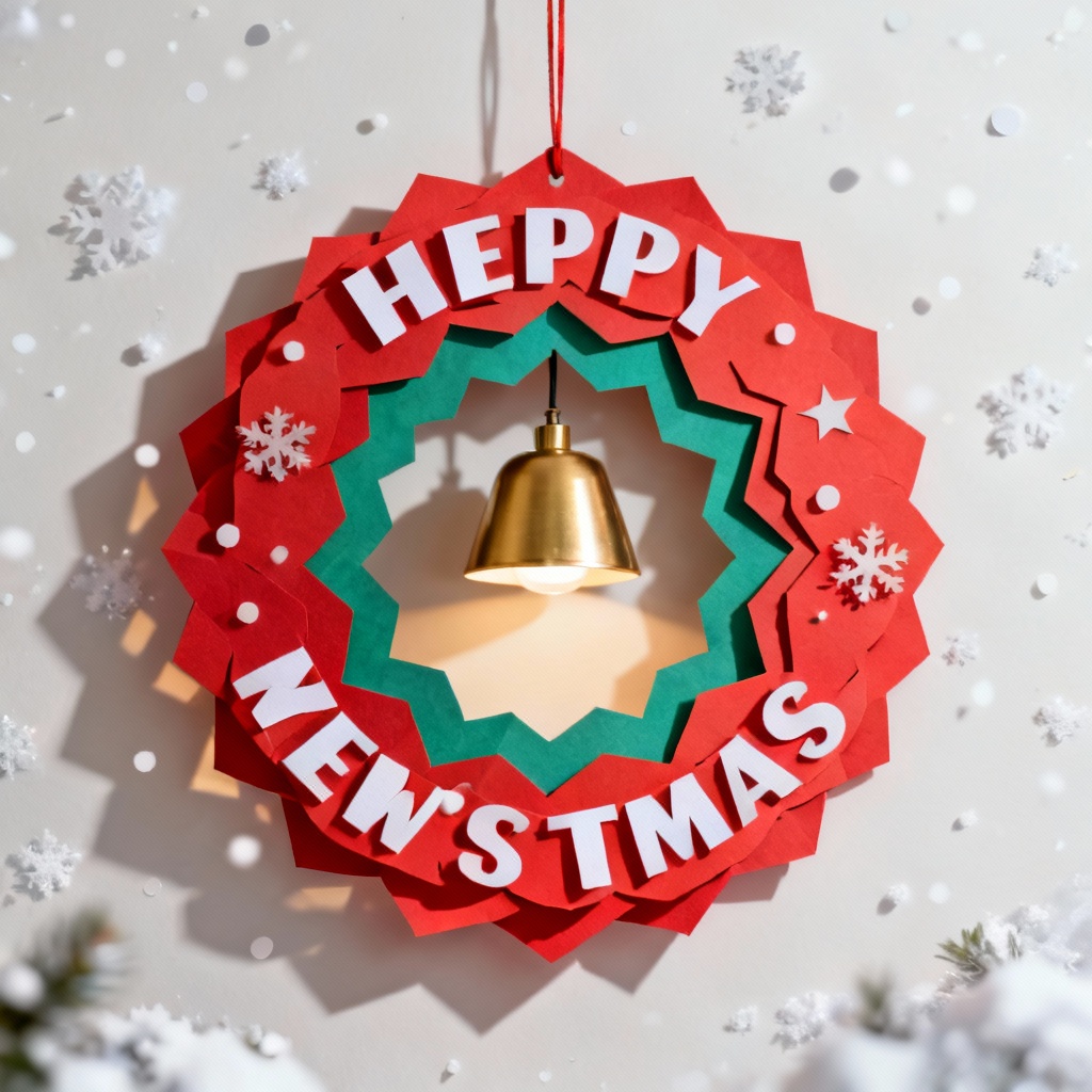 Paper cut art Christmas lamp poster layered in red and green