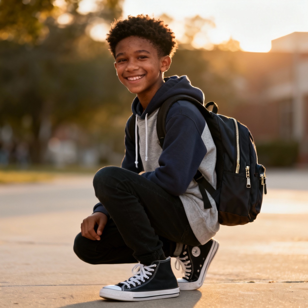 AI generated teenager portrait with casual streetwear and backpack