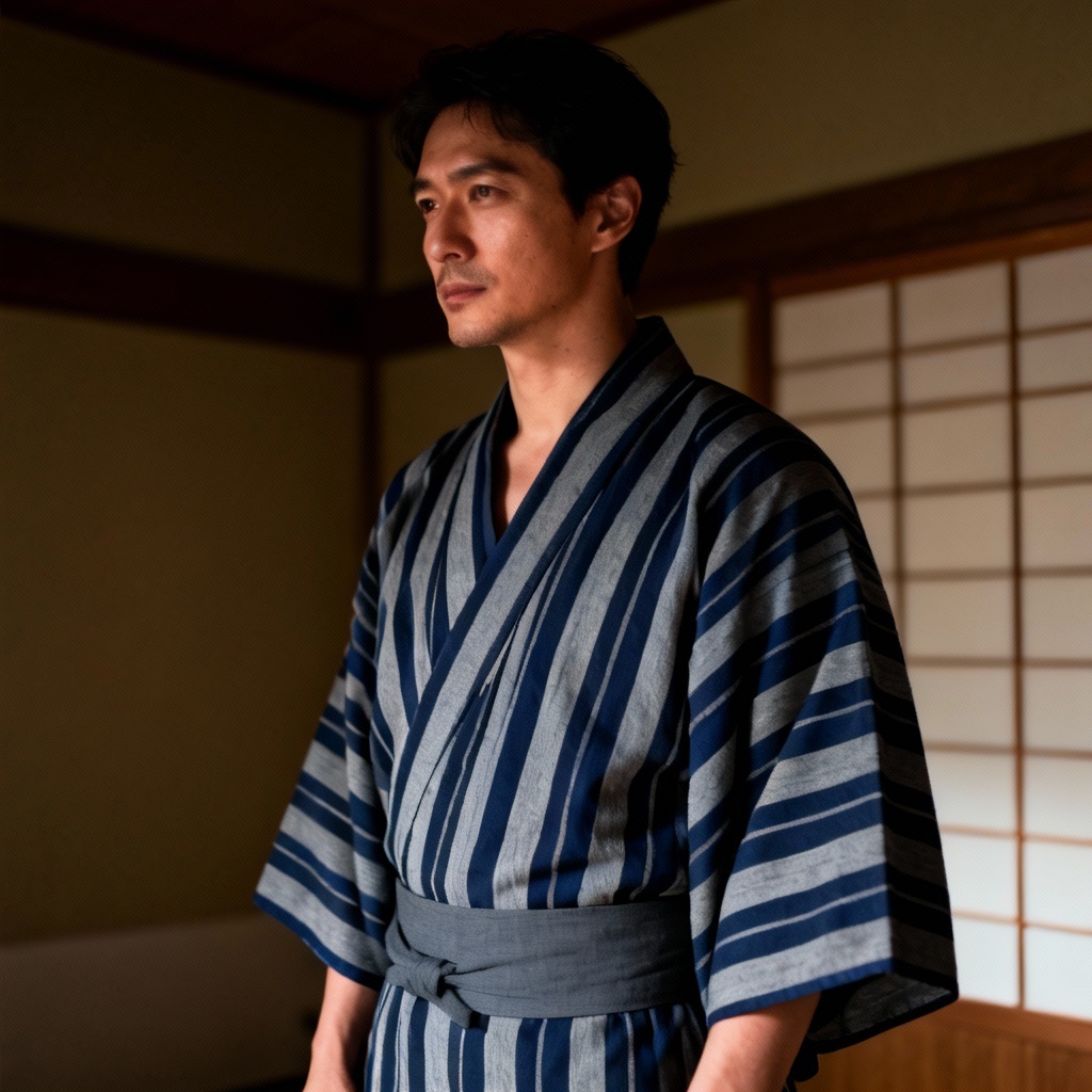 Men’s navy striped yukata virtual try-on with charcoal obi