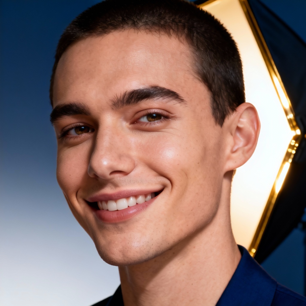 Signature AI personal brand headshot with navy and gold accents