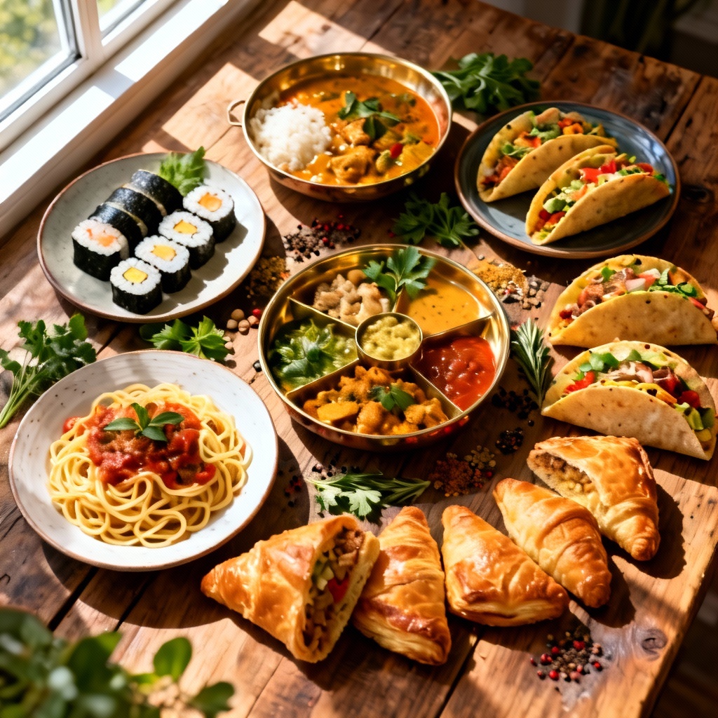 AI spread of global cuisines on rustic table