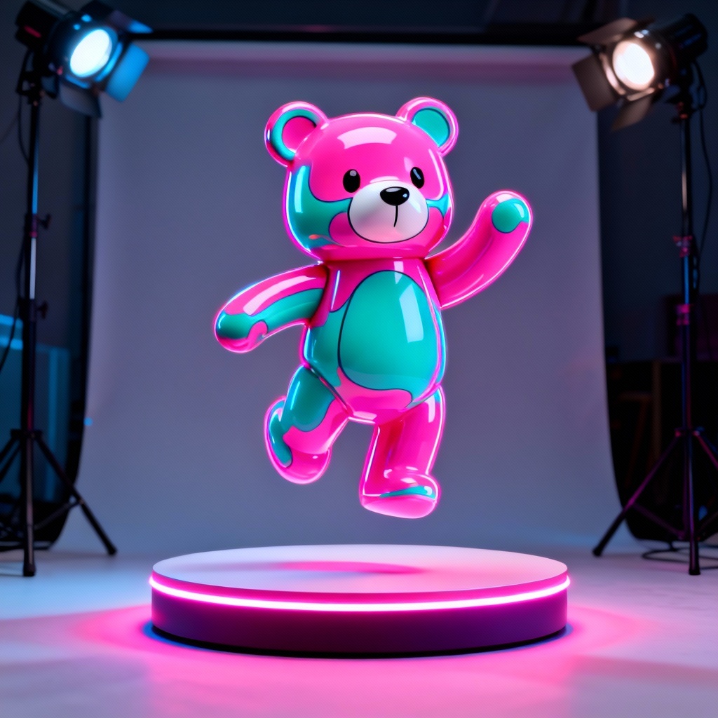 AI vinyl bear toy in neon bubblegum colorway