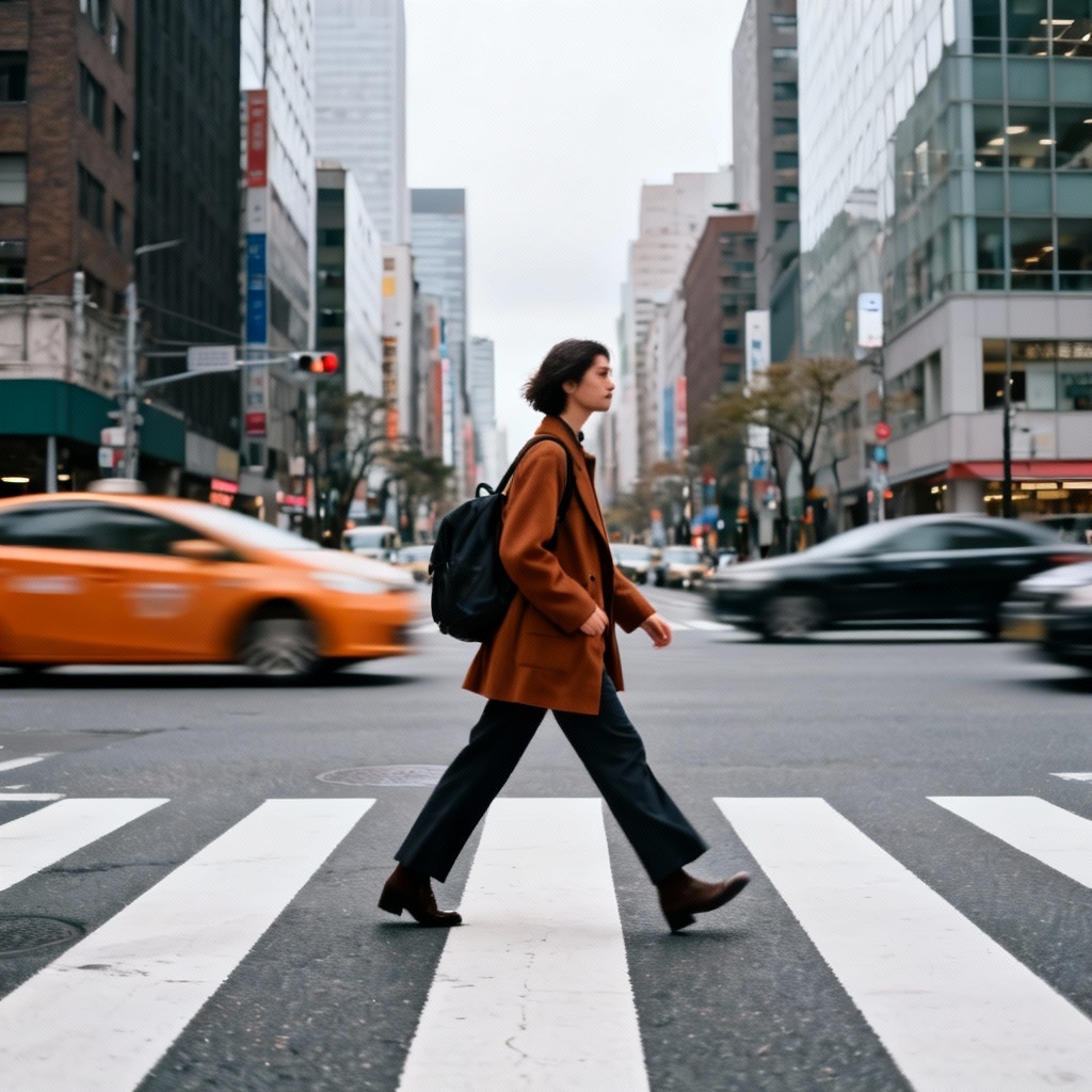 AI city explorer in street-style outfit crossing a crosswalk