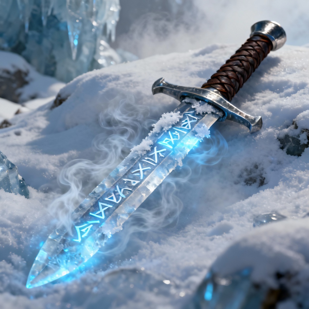 AI frost longsword with glowing runes and icy particle effects