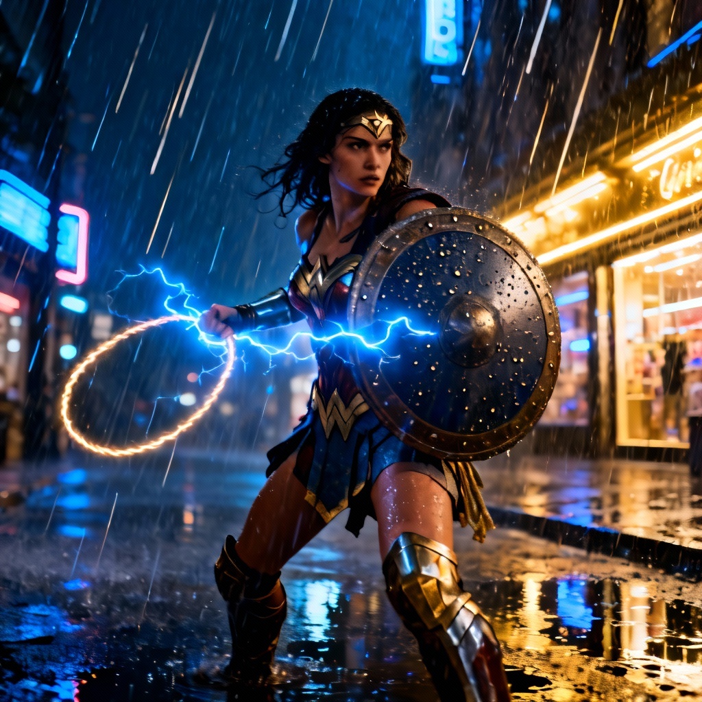 AI Wonder Woman rainy city battle scene