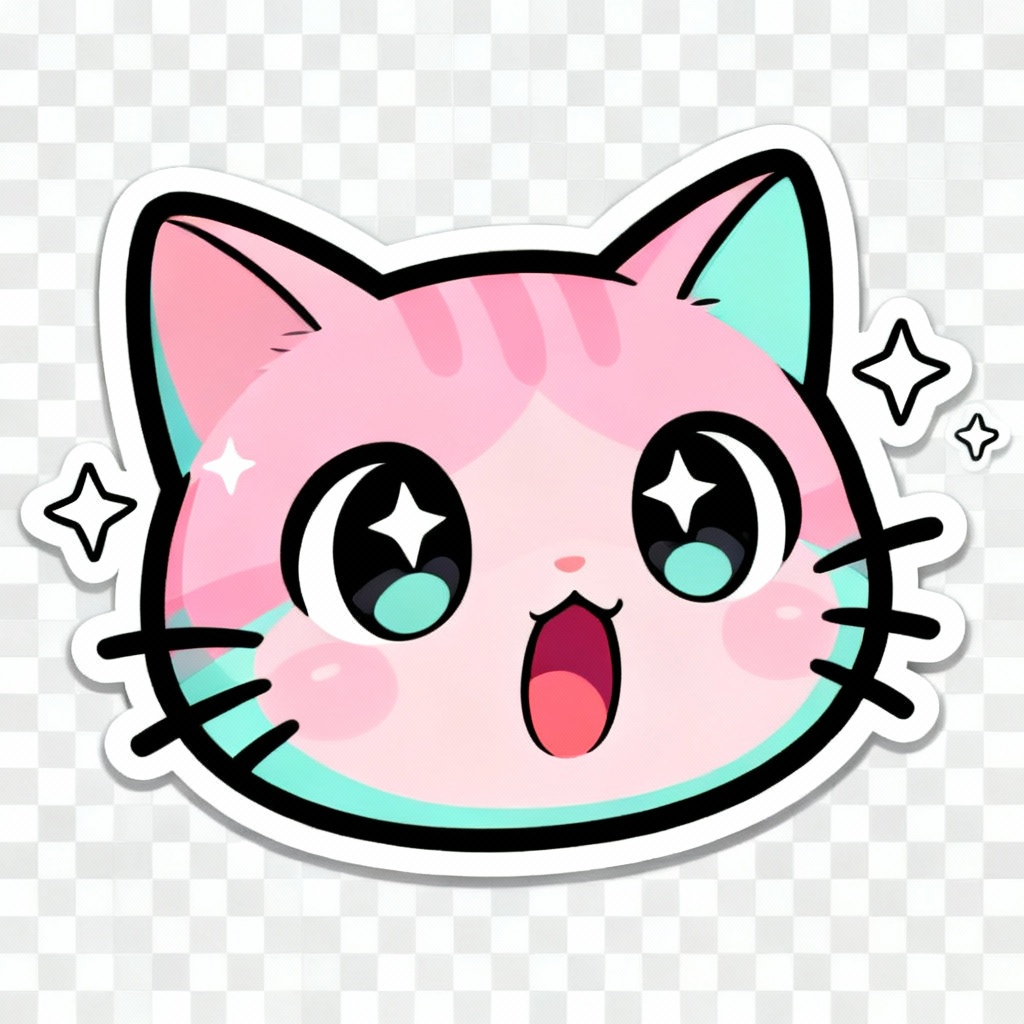 Kawaii cat reaction sticker with sparkles and bold outline