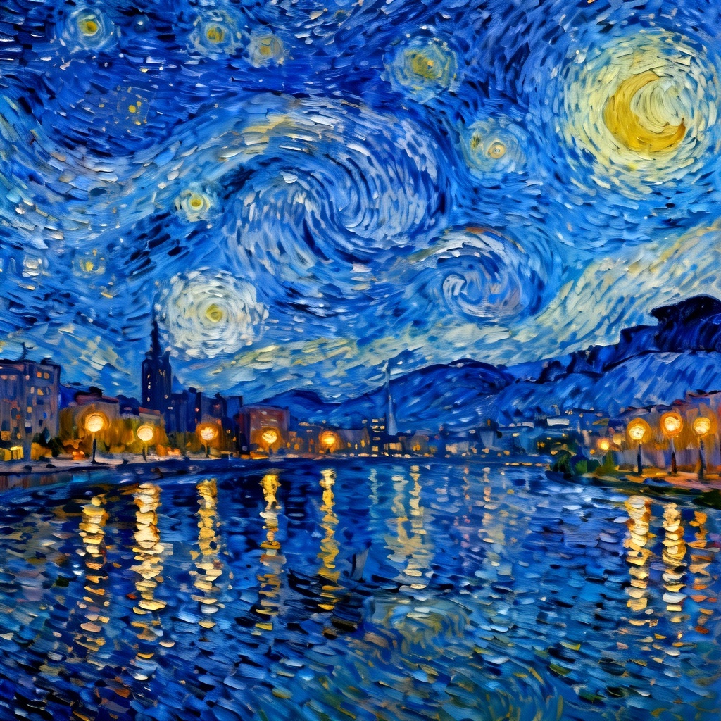 AI Van Gogh cityscape with swirling night sky