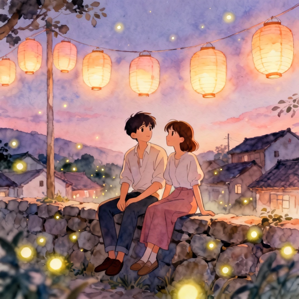 AI animated couple sitting under lanterns in a pastel village at dusk