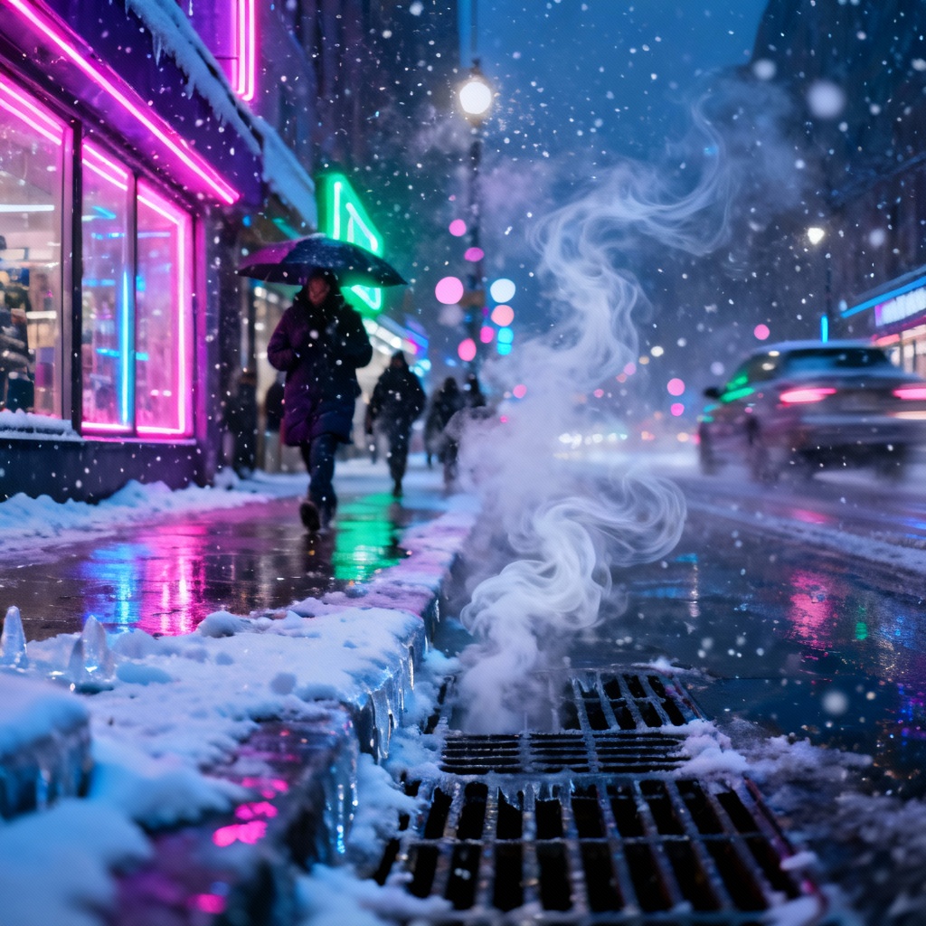 AI Snowy Neon City Street Winter Scene