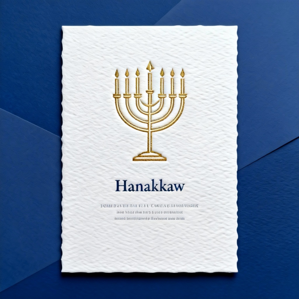 AI Hanukkah invitation in white and deep blue with menorah line art