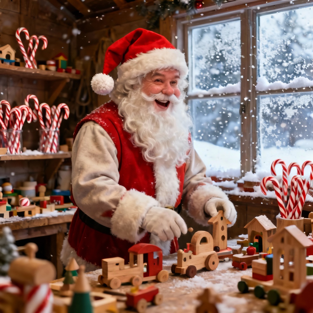 AI Santa in a snowy North Pole workshop scene