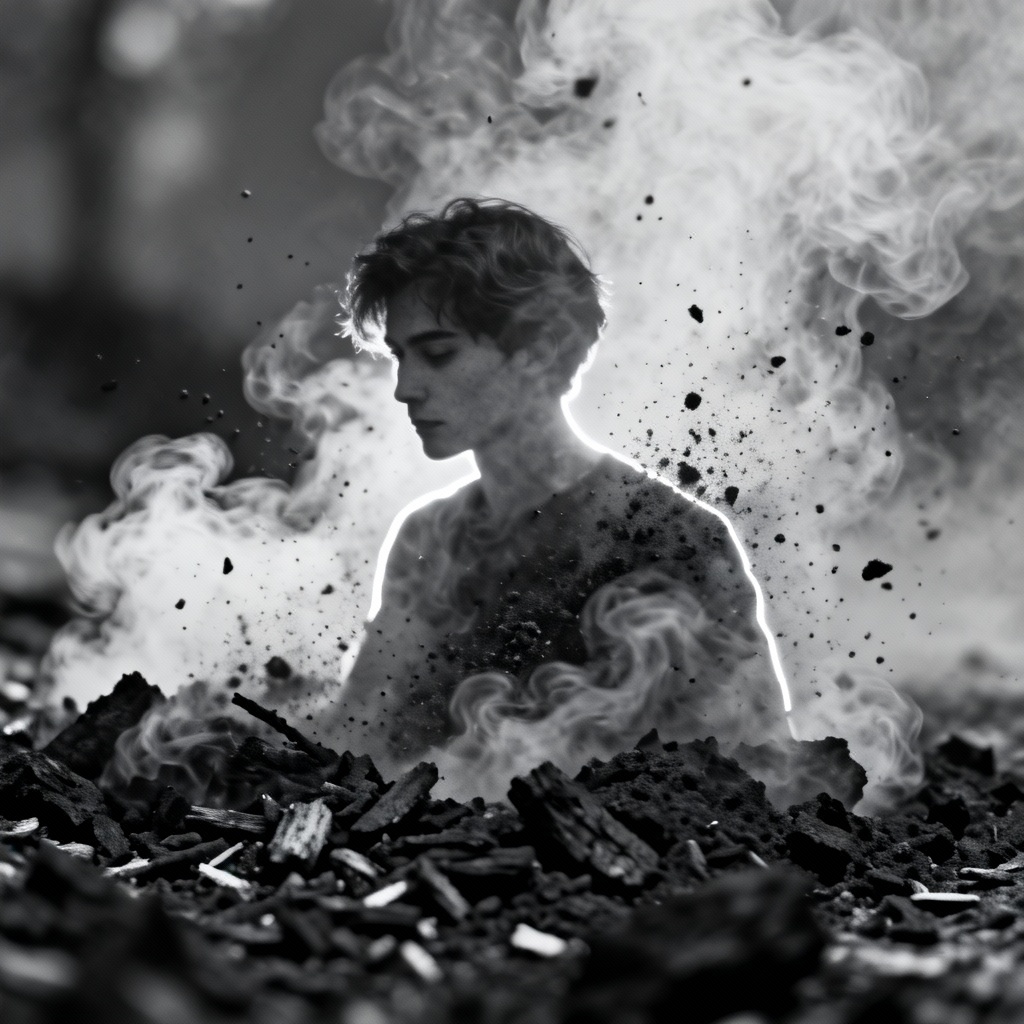 AI ash-style cinematic portrait with smoke and charcoal textures