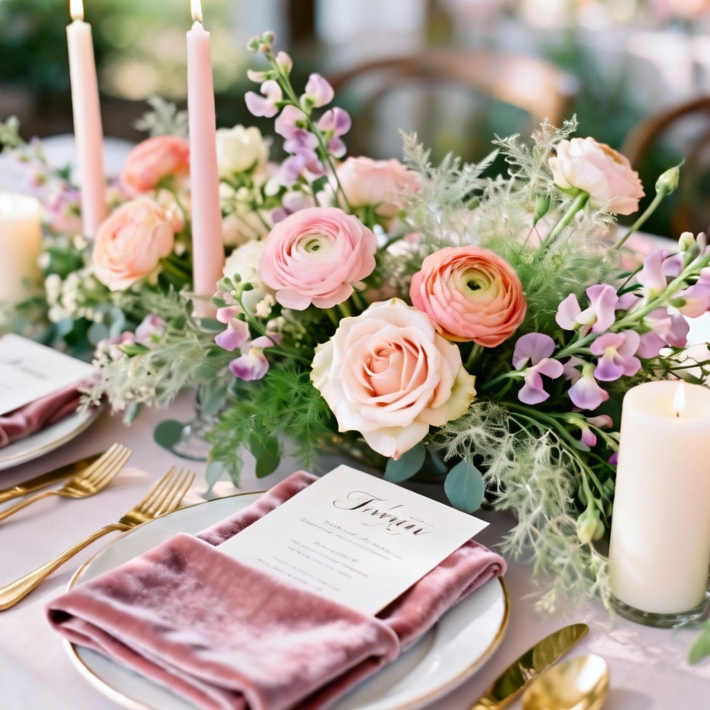 AI pastel spring wedding centerpieces and elegant place settings