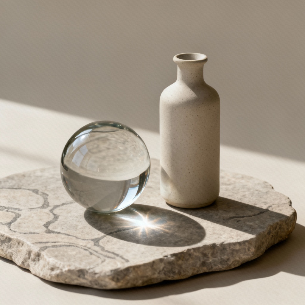 Elegant product packshot showing matte ceramic and glossy glass realism