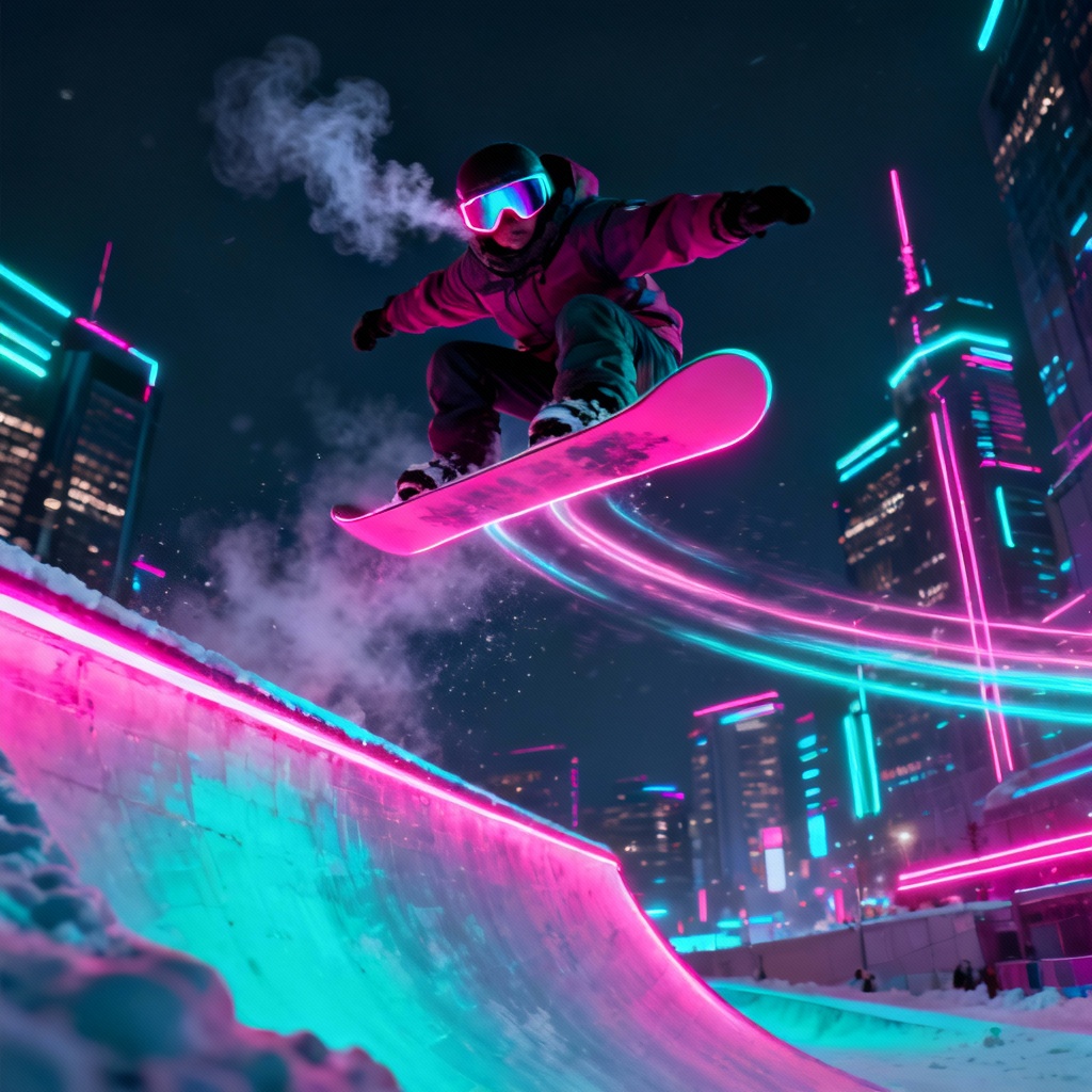 AI snowboarder at neon night halfpipe
