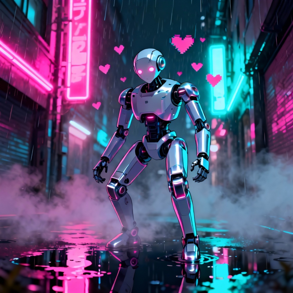 AI yandere robot in neon alley with glitch hearts