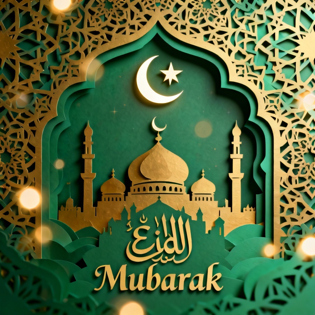AI Islamic festival poster with crescent moon and mosque in gold and emerald paper-cut style