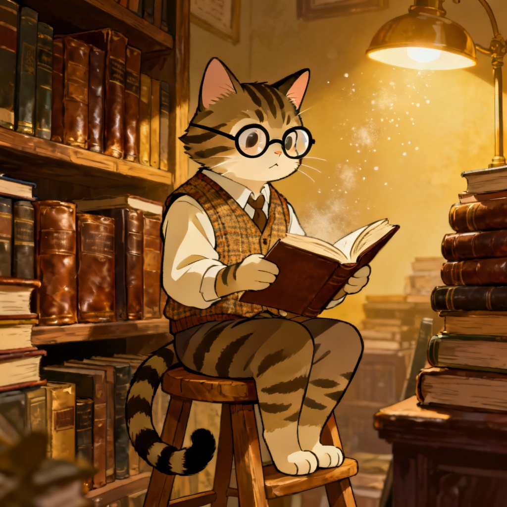 AI Zootopia 2 style cat scholar in bookshop