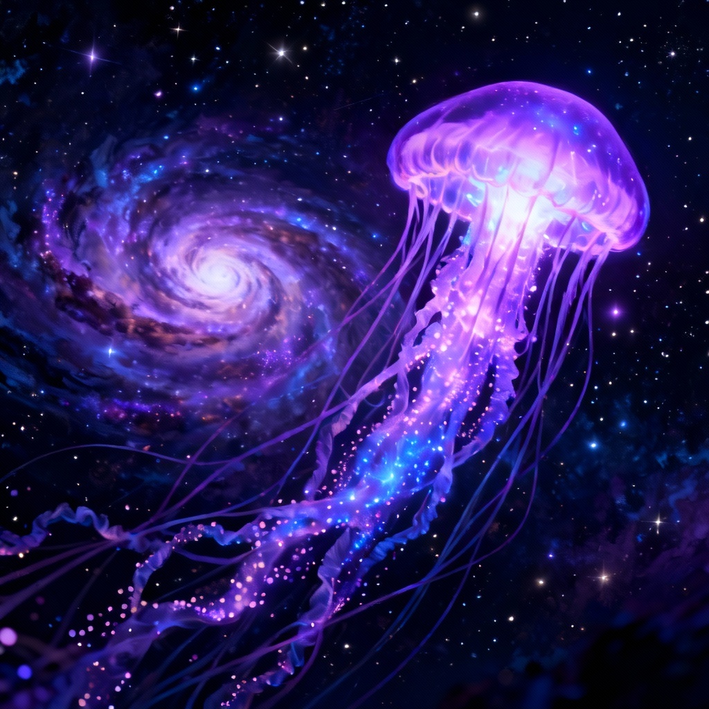 AI cosmic glowing jellyfish in star field